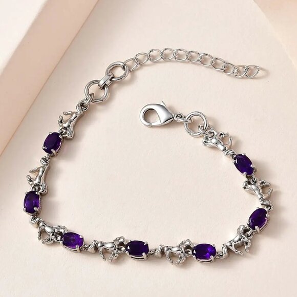 Genuine Amethyst Gemstone & Horse Charm Platinum Bond Bracelet (6.50-8.0In) NWT - Picture 2 of 6